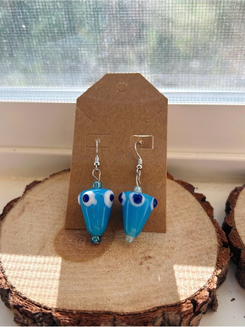 Blue Glass Evil Eye Dangle Earrings Handmade Boho Statement Artistic Unique